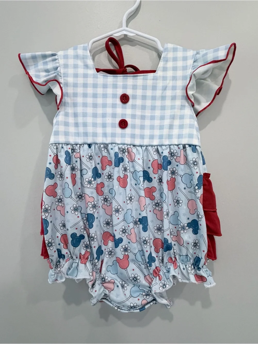 Baby Girl Gingham & Mickey Print Romper - Red & Light Blue